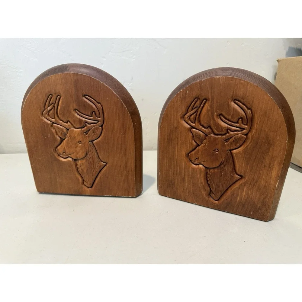 Vintage Pair of Bookends Engraved Wood Deer Stag Head Bookends‎ Rustic Decor
